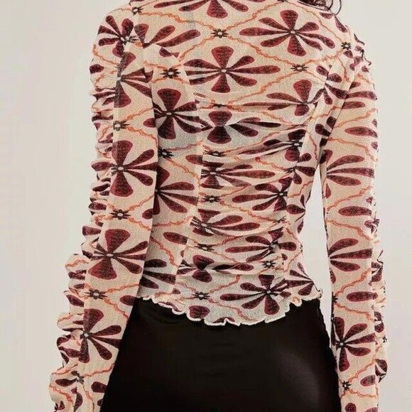 Free People Through The Meadow Blouse Top Ruched Floral Printed Cotton L 271469 - Picture 4 of 9